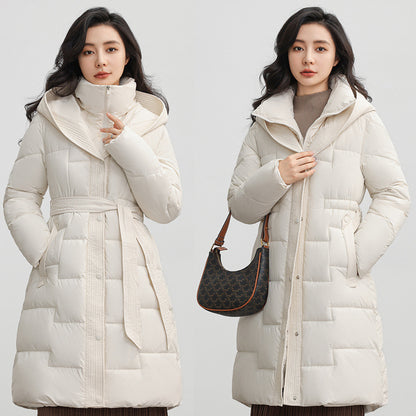 Mid-length Hooded Women’s Winter Coat with Waist Trimming and Down Cotton Filling - Vogue Aura