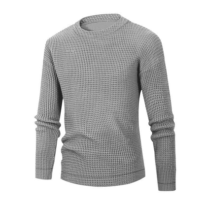 Men's Solid Color Waffle Autumn Long Sleeve Round Neck Base Sweater - Vogue Aura