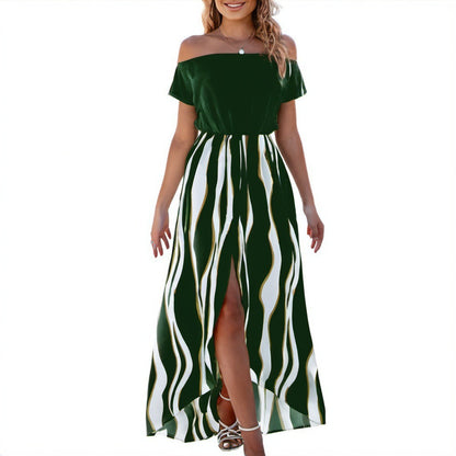 Elegant Off-the-Shoulder Striped Dress - Vogue Aura