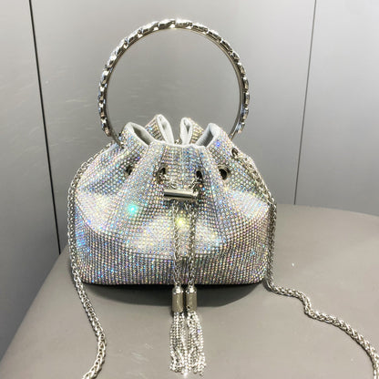 Elegant Metallic Cylinder Handbag with Shimmering Diamonds for Women - Vogue Aura