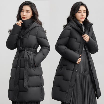 Mid-length Hooded Women’s Winter Coat with Waist Trimming and Down Cotton Filling - Vogue Aura