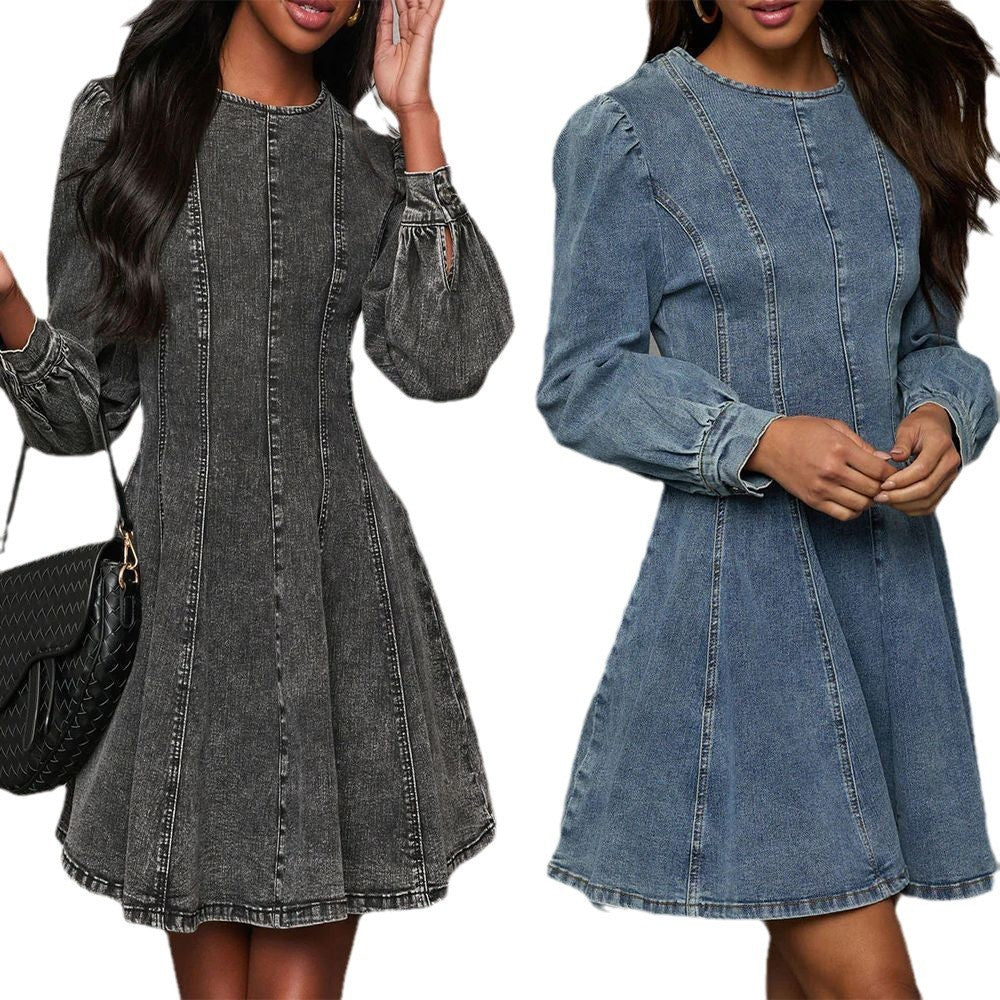 Chic Mid-Length Denim Dress in Black and Blue - Vogue Aura