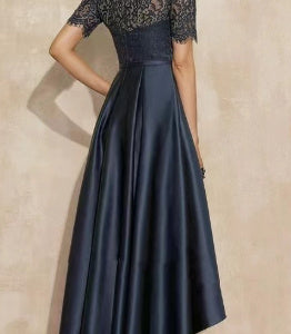 Navy Blue Lace Short Front Long Back Dress - Vogue Aura