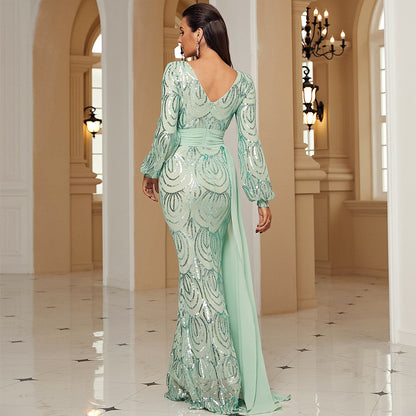 Elegantly Sequined Long Sleeve Evening Dress - Vogue Aura