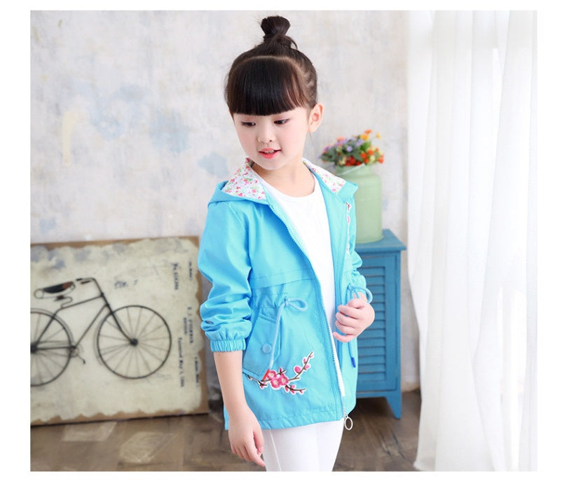 Girls windbreaker jacket autumn and winter Korean version of the long-sleeved peach embroidery hooded big children's shirt children's new children's clothing - Vogue Aura