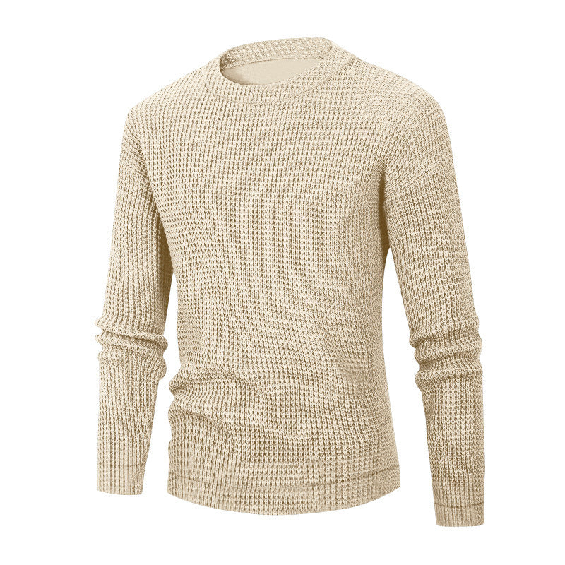 Men's Solid Color Waffle Autumn Long Sleeve Round Neck Base Sweater - Vogue Aura