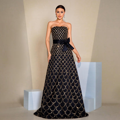 Black Off-Neck Nipped-Waist Sequined Evening Dress