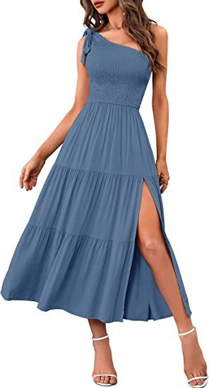 One-Shoulder Pleated Layered Hem Maxi Dress - Vogue Aura