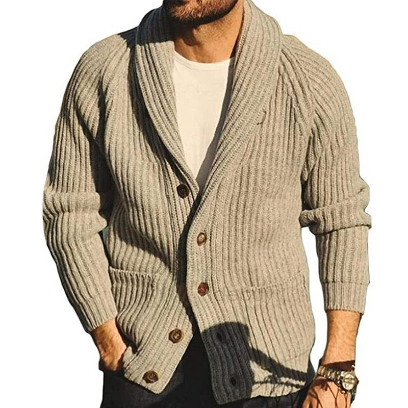 Men's Khaki Lapel Knitting Cardigan with Pockets - Vogue Aura