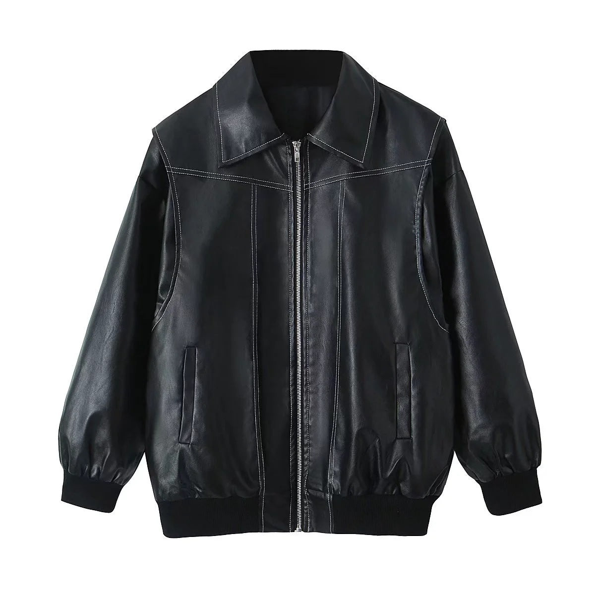 Chic Loose Fashion Lapel Zip-up Leather Jacket for Women - Vogue Aura