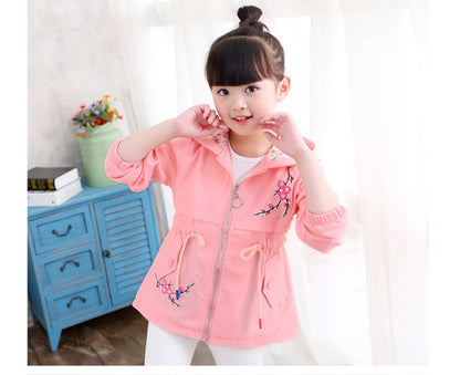 Girls windbreaker jacket autumn and winter Korean version of the long-sleeved peach embroidery hooded big children's shirt children's new children's clothing - Vogue Aura