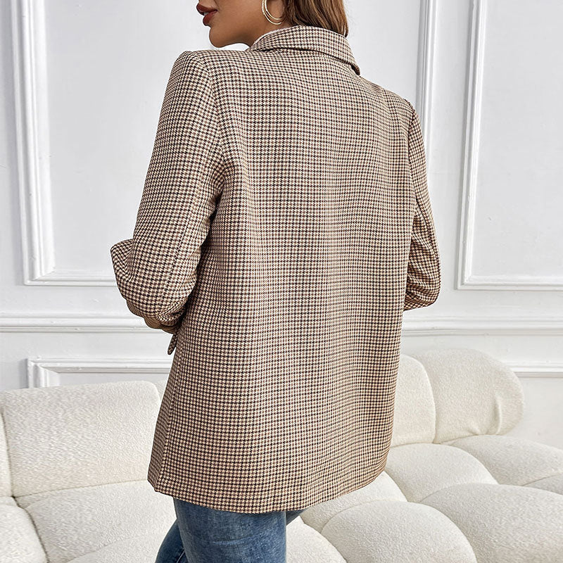 Houndstooth One Button Suit Jacket in Khaki - Vogue Aura