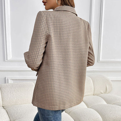 Houndstooth One Button Suit Jacket in Khaki - Vogue Aura