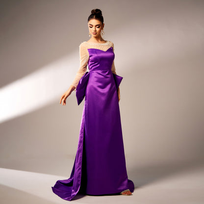 Elegant Purple Long Sleeve Sequin Evening Dress - Vogue Aura