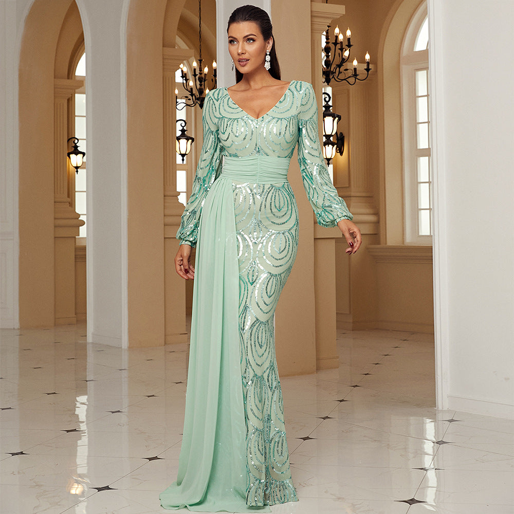 Elegantly Sequined Long Sleeve Evening Dress - Vogue Aura