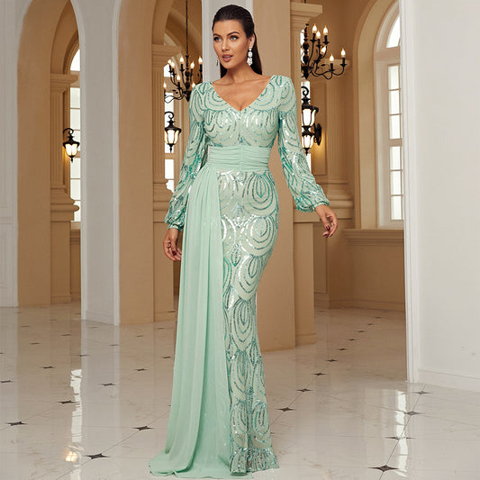 Elegantly Sequined Long Sleeve Evening Dress