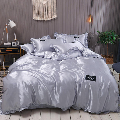 Pure Color Washed Silk Bed Sheet Ice Silk Four-piece Set - Vogue Aura