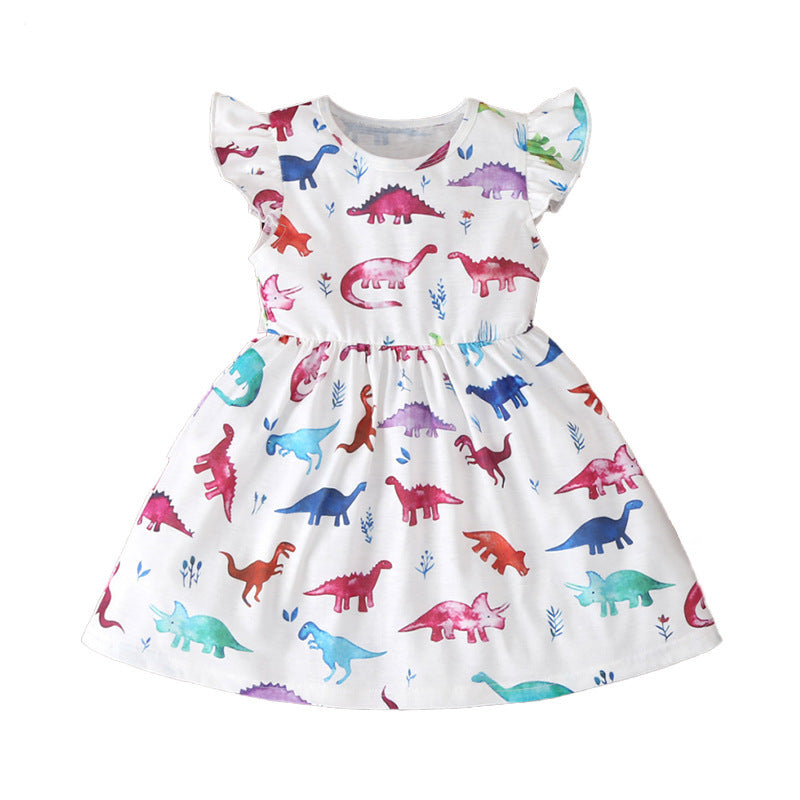 Girls' Cotton Flounced Sleeve Colorful Dinosaur Dress - Vogue Aura