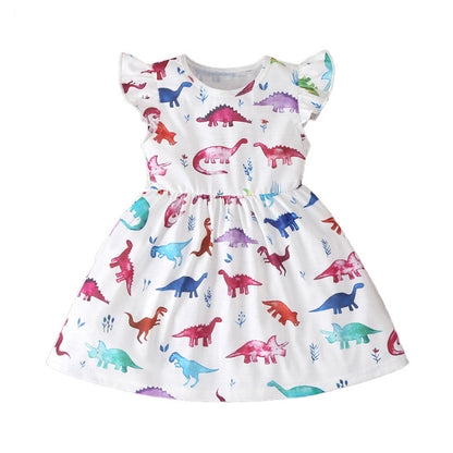 Girls' Cotton Flounced Sleeve Colorful Dinosaur Dress - Vogue Aura