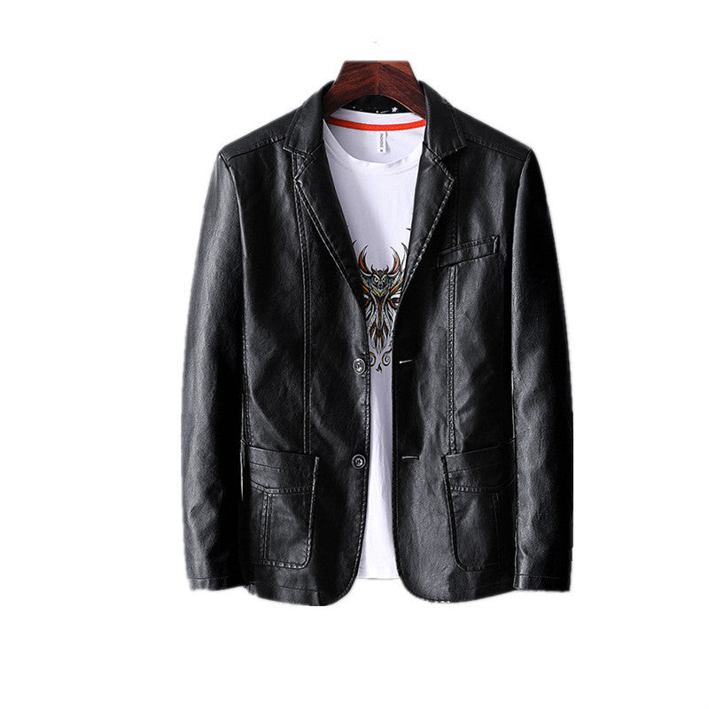 Elegant Leather Men's Jacket with Studded Lapels and Multi-Pocket Design - Vogue Aura