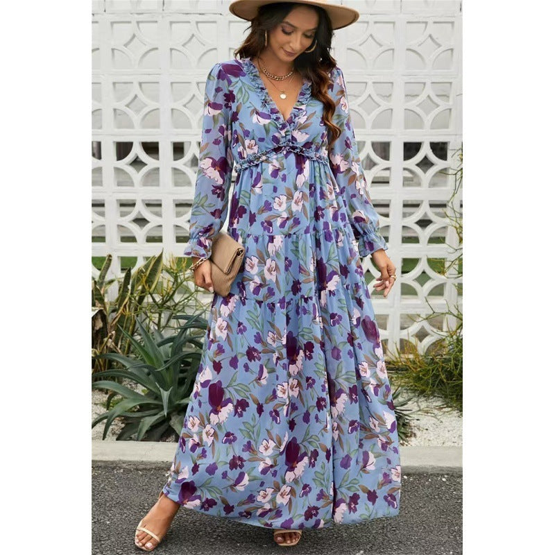 Floral Long Sleeve A-Line Dress - Vogue Aura