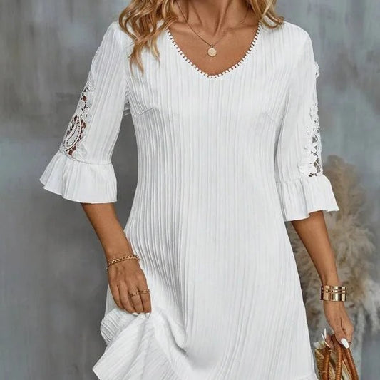 Elegant Lace-Trimmed White Midi Dress with Flared Sleeves