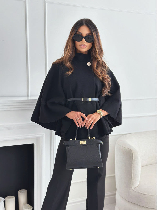 Elegant Batwing Sleeve Cloak Top with Belt for Women