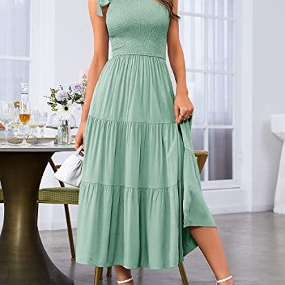 One-Shoulder Pleated Layered Hem Maxi Dress - Vogue Aura