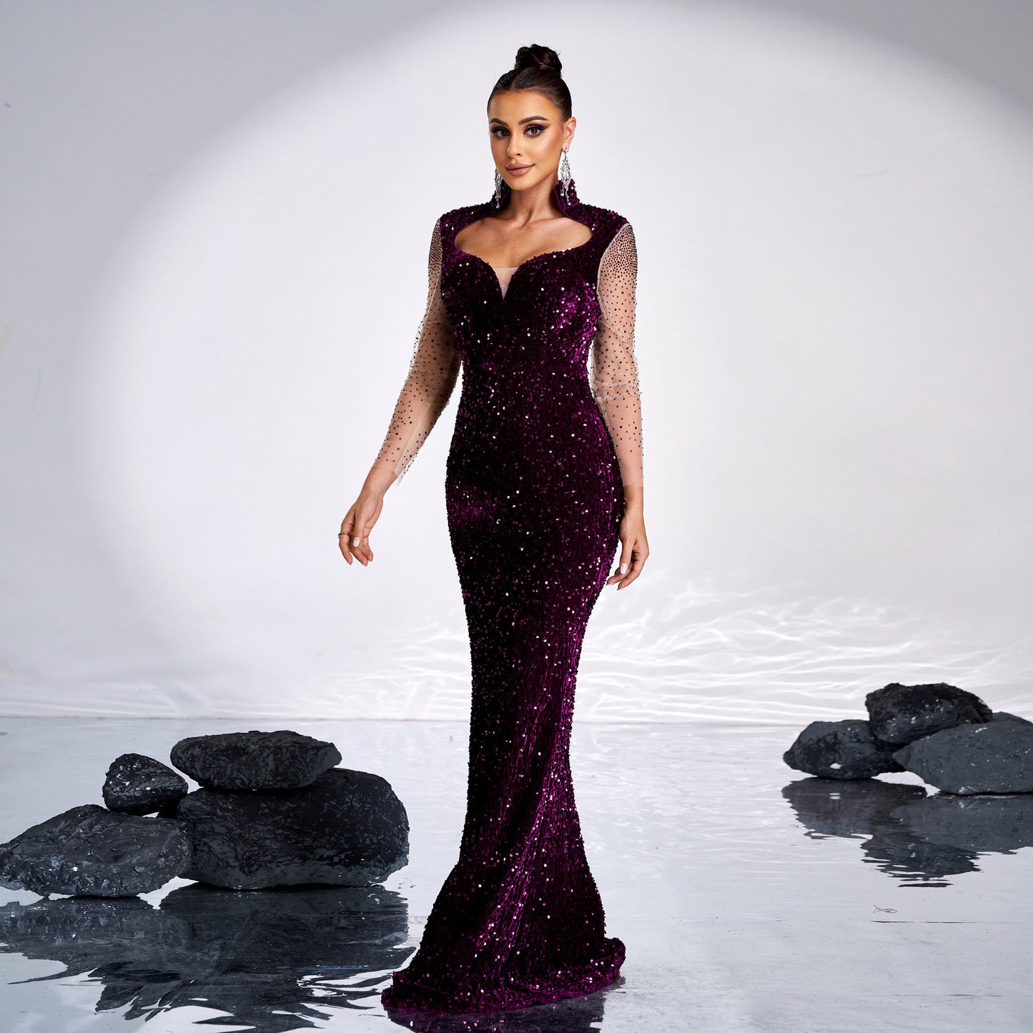 Elegant Long Sleeve Purple Sequin Dress - Vogue Aura