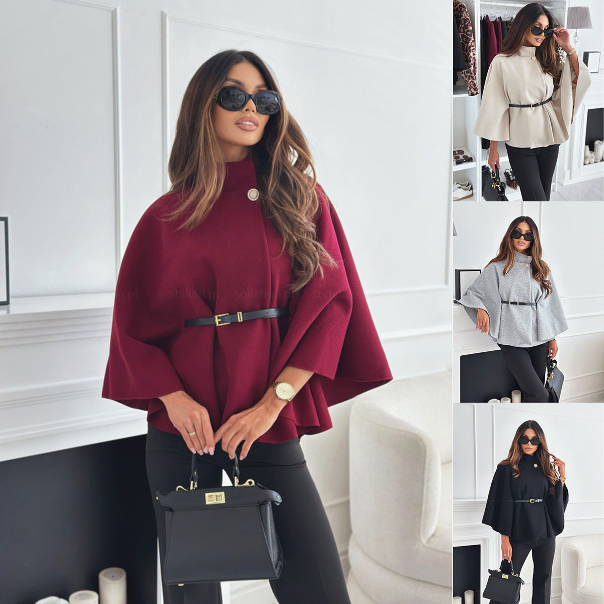 Elegant Batwing Sleeve Cloak Top with Belt for Women