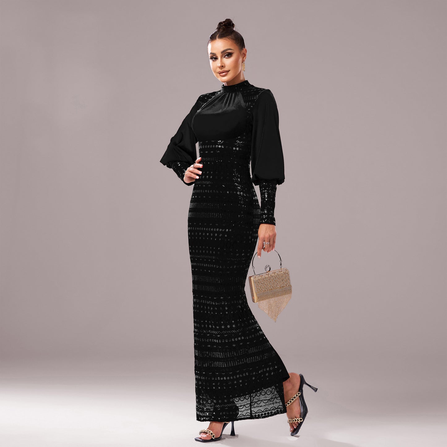 Elegant Long Sleeve Black Evening Dress - Vogue Aura