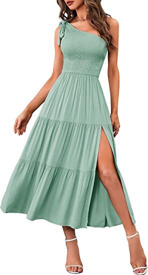 One-Shoulder Pleated Layered Hem Maxi Dress - Vogue Aura