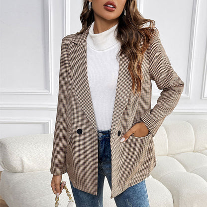 Houndstooth One Button Suit Jacket in Khaki - Vogue Aura