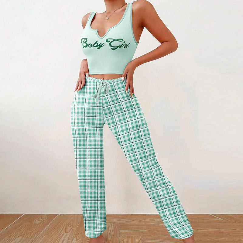 Cute Women Clothing Homewear Vest Color Matching Plaid Trousers Letter Print Top Women Suit Pajamas For Women - Vogue Aura