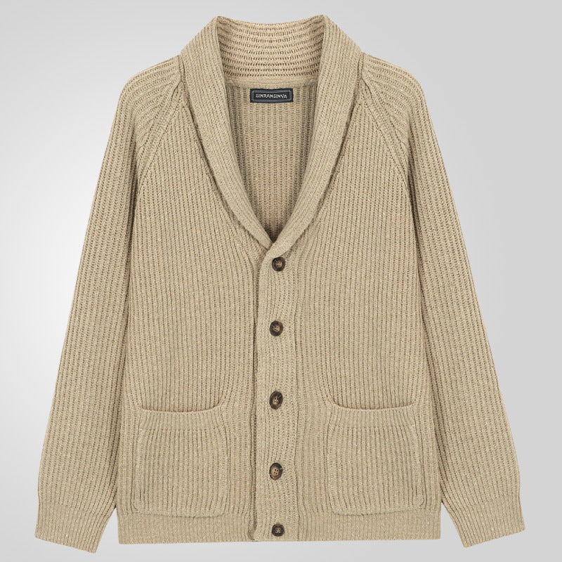 Men's Khaki Lapel Knitting Cardigan with Pockets - Vogue Aura