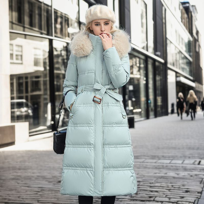 Winter Slim Long Jacket with Fur Hood and Belt for Women - Vogue Aura