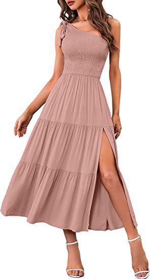 One-Shoulder Pleated Layered Hem Maxi Dress - Vogue Aura