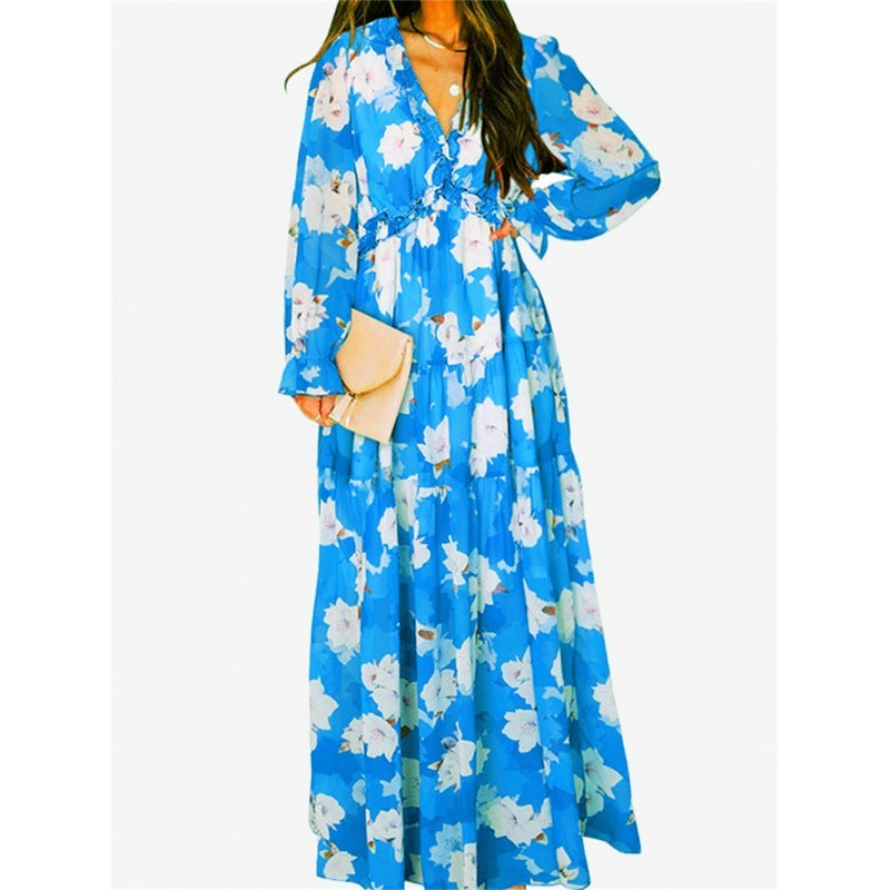 Floral Long Sleeve A-Line Dress - Vogue Aura