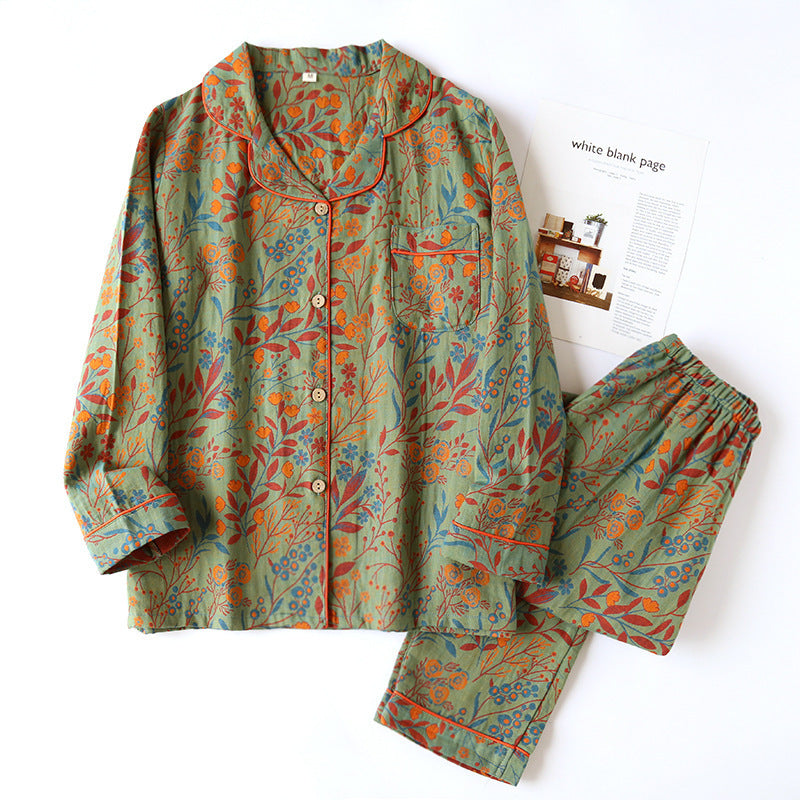 Cotton Yarn-dyed Jacquard Vintage Leaf Pajamas Suit Women - Vogue Aura