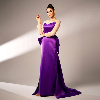 Elegant Purple Long Sleeve Sequin Evening Dress - Vogue Aura