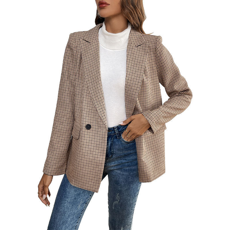 Houndstooth One Button Suit Jacket in Khaki - Vogue Aura