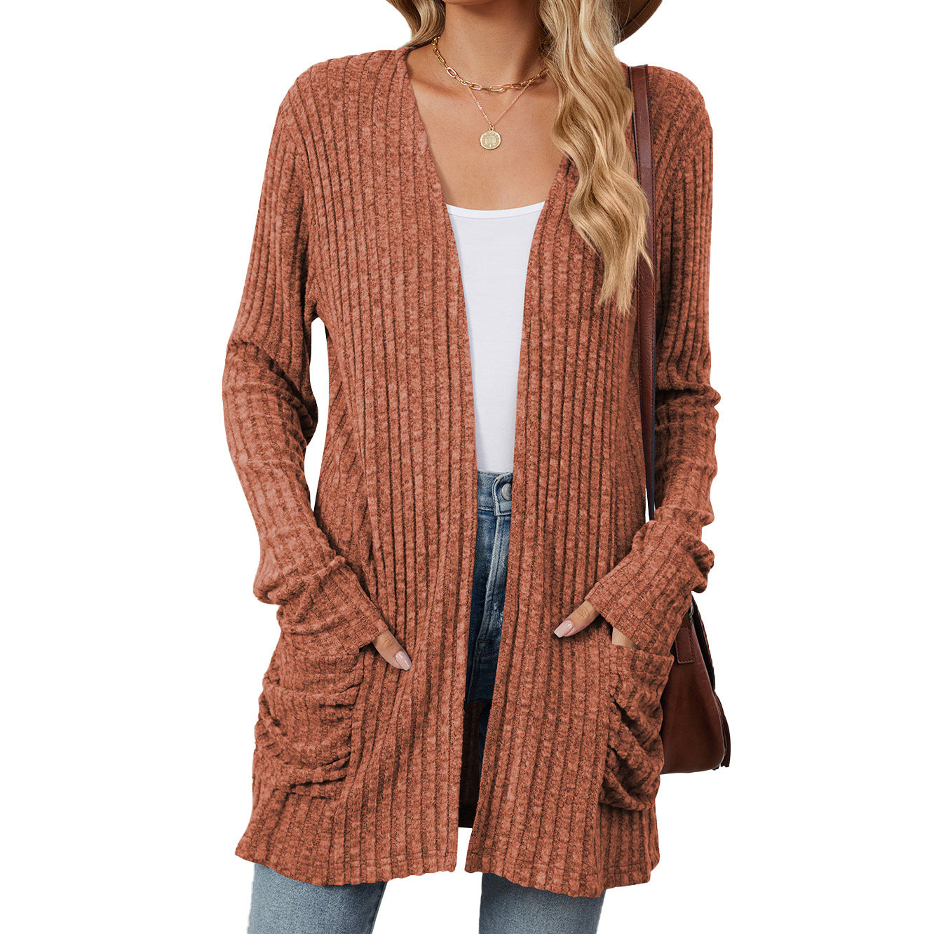 Essential Long Sleeve Pocket Cardigan in Solid Colours - Vogue Aura