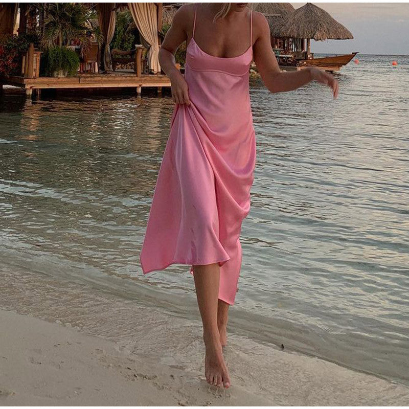 Elegant Pink Satin Slip Maxi Dress