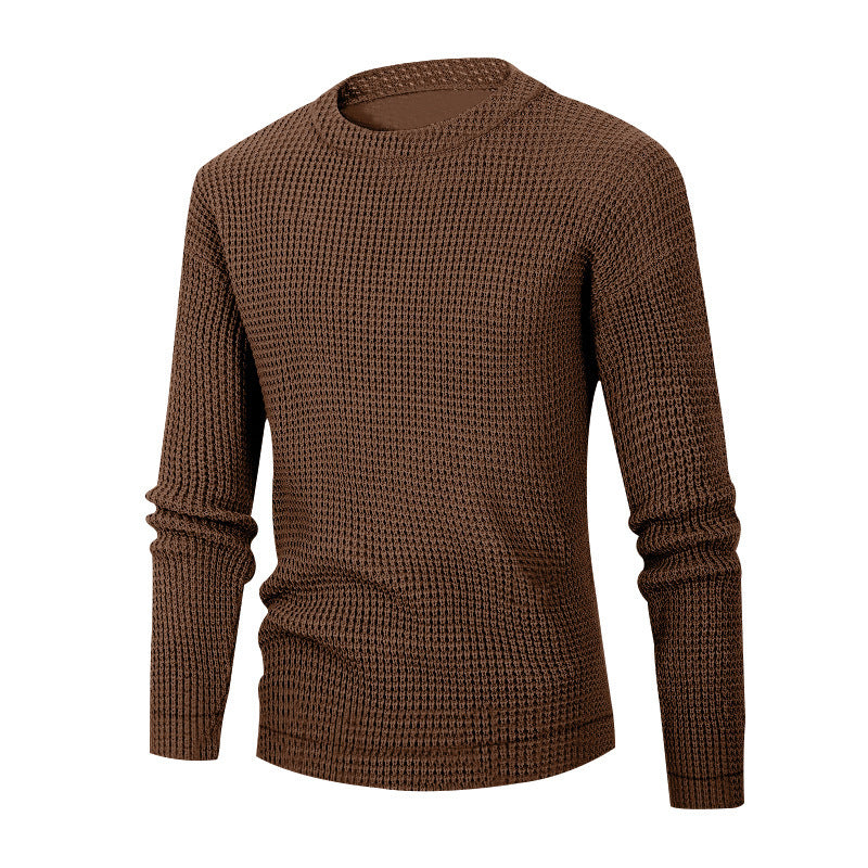 Men's Solid Color Waffle Autumn Long Sleeve Round Neck Base Sweater - Vogue Aura