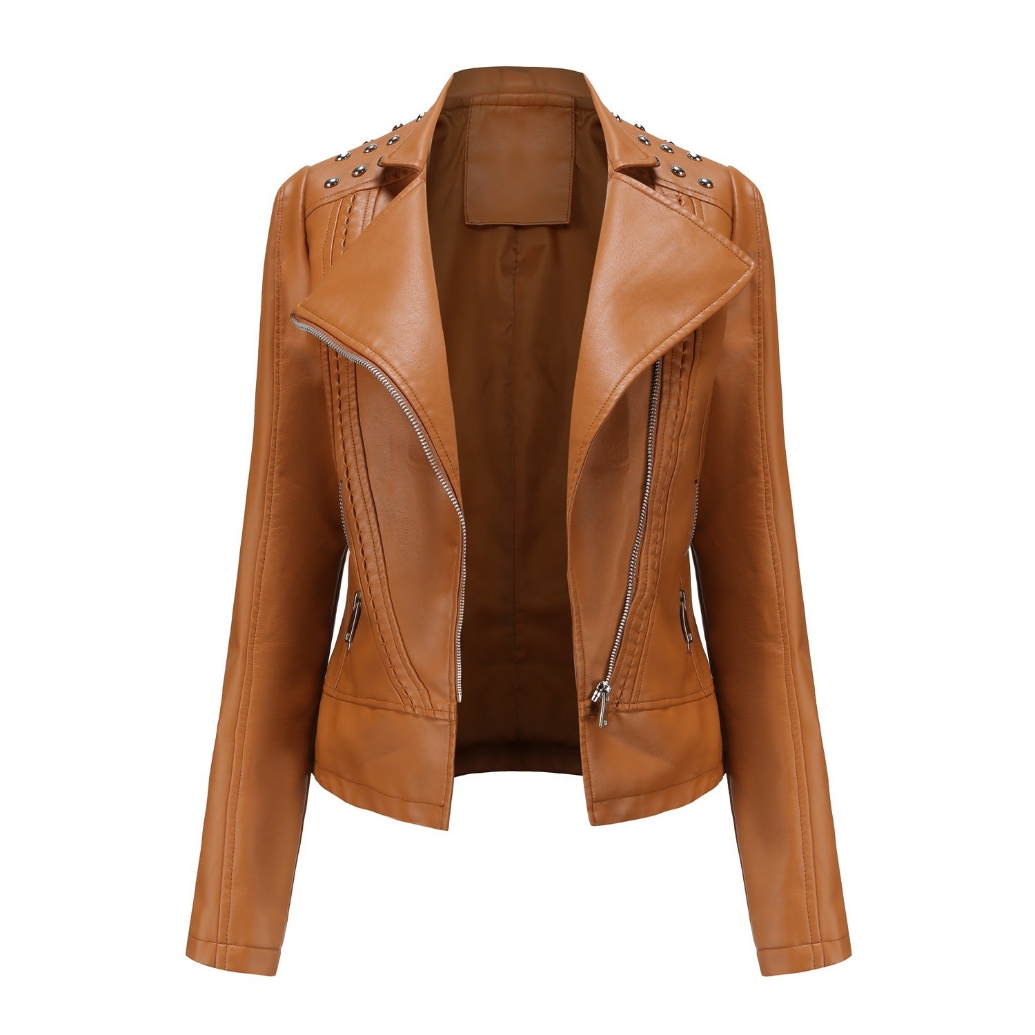 Beaded Leather Women's Long-sleeved Fashion Jacket Lapel Motorcycle Clothing Thin Women's Jacket - Vogue Aura