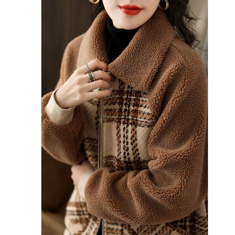 Plaid Raglan Sleeve Coat in Warm Brown - Vogue Aura