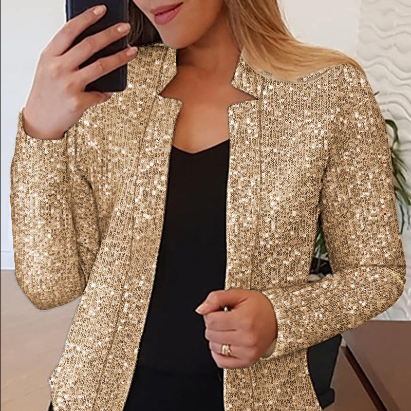 Chic Gold Colour-blocking Sequin Short Coat - Vogue Aura