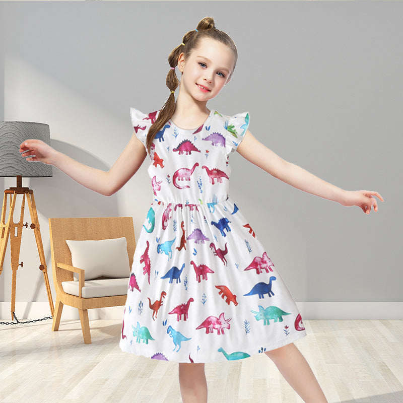 Girls' Cotton Flounced Sleeve Colorful Dinosaur Dress - Vogue Aura