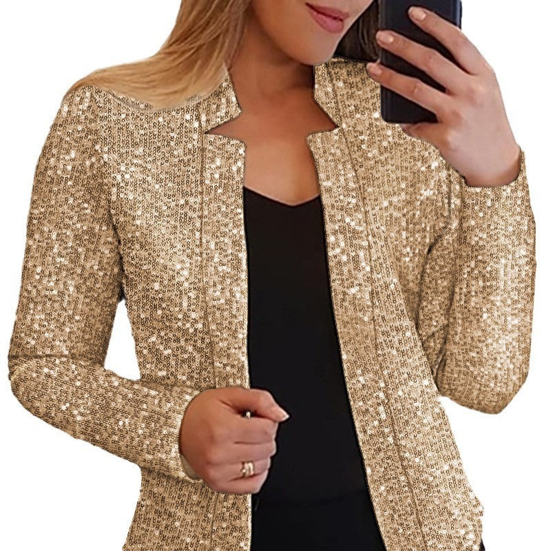 Chic Gold Colour-blocking Sequin Short Coat - Vogue Aura