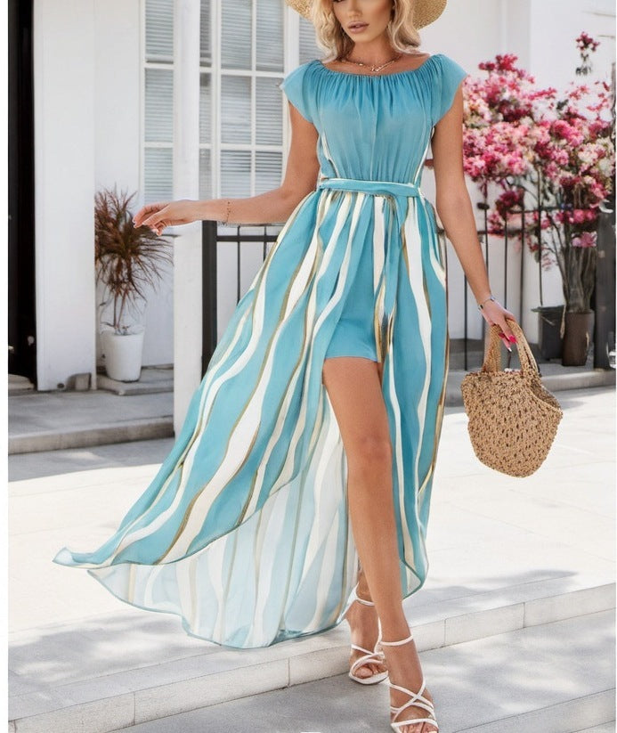 Elegant Off-the-Shoulder Striped Dress - Vogue Aura